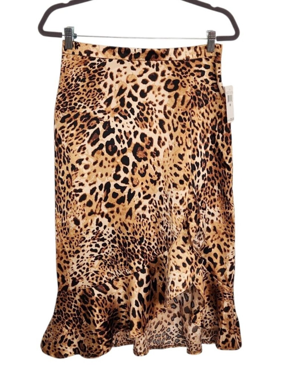 Hot Kiss Brown Leopard Satin Asymmetrical Hem Midi Skirt NWT Size Medium